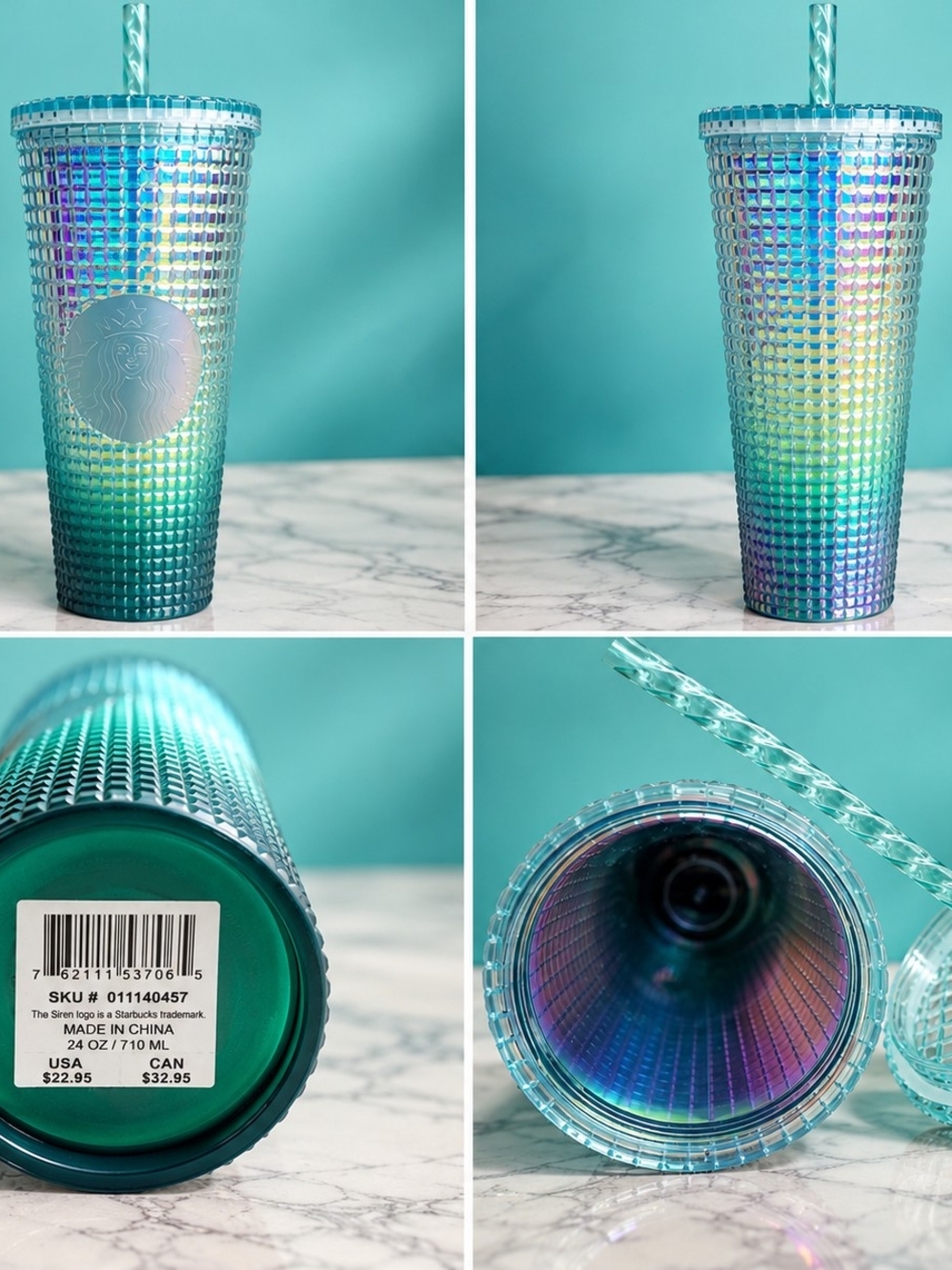 Starbucks 24 oz Iridescent Aqua/Teal Gradient Studded Cold Cup Tumbler